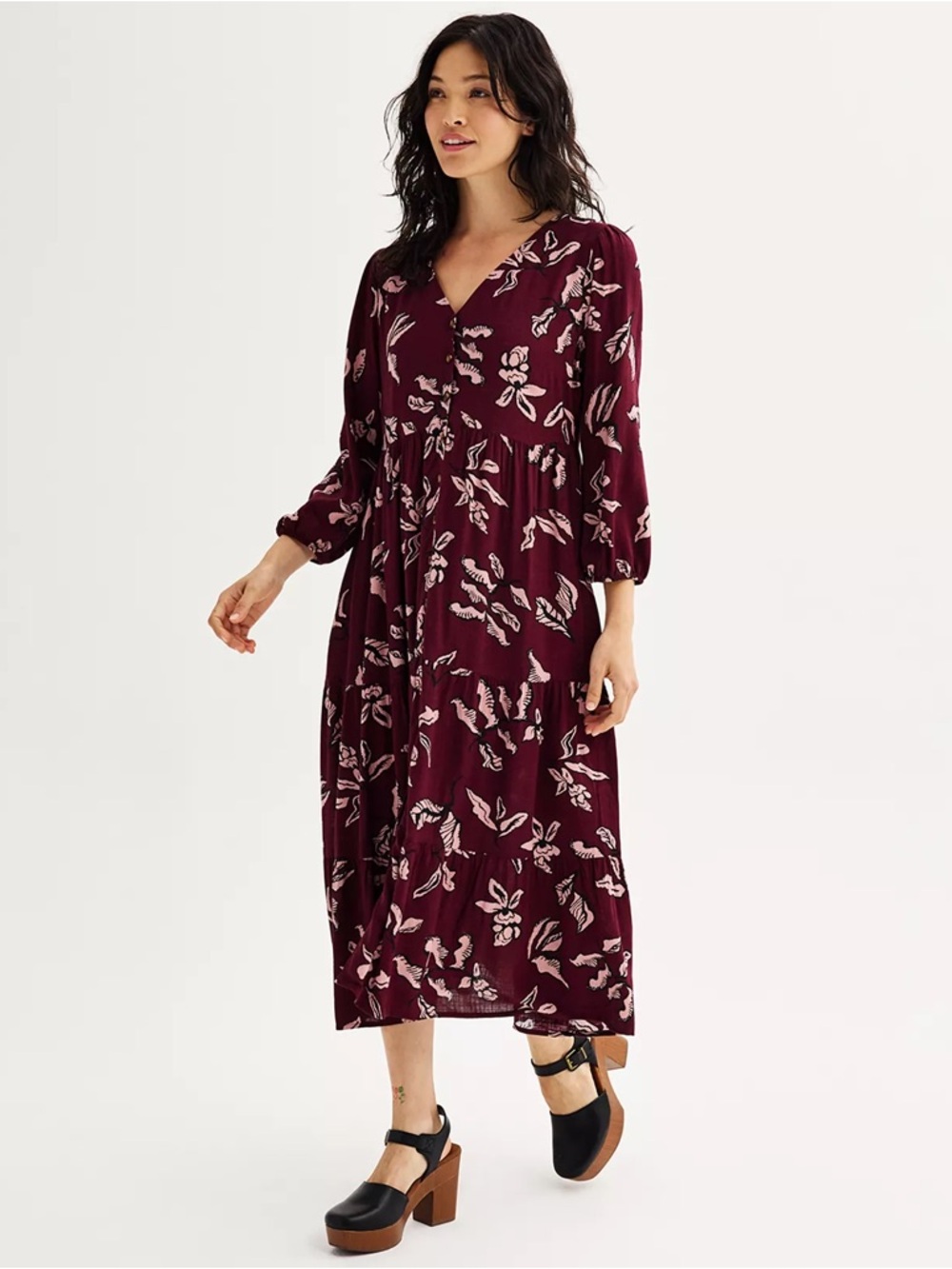 Floral Tiered Midi Dress Burgundy Boho Button Front Long Sleeve 1X